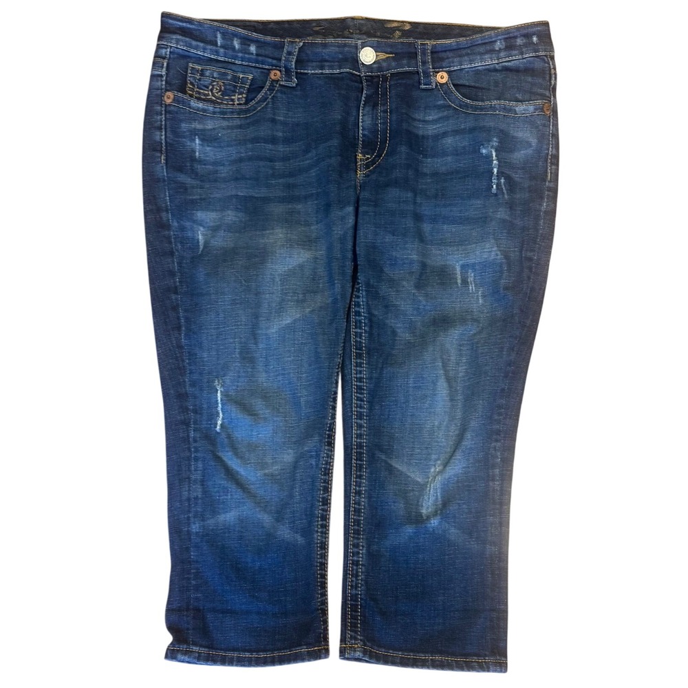 Seven7 Cropped Jeans Size 14 Dark‎ Blue Distressed Embroidered Capris
